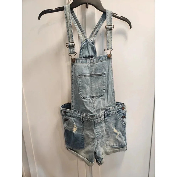 Hollister Denim Shortalls Shorts Overalls Rolled Cuff Boho - Picture 1 of 6